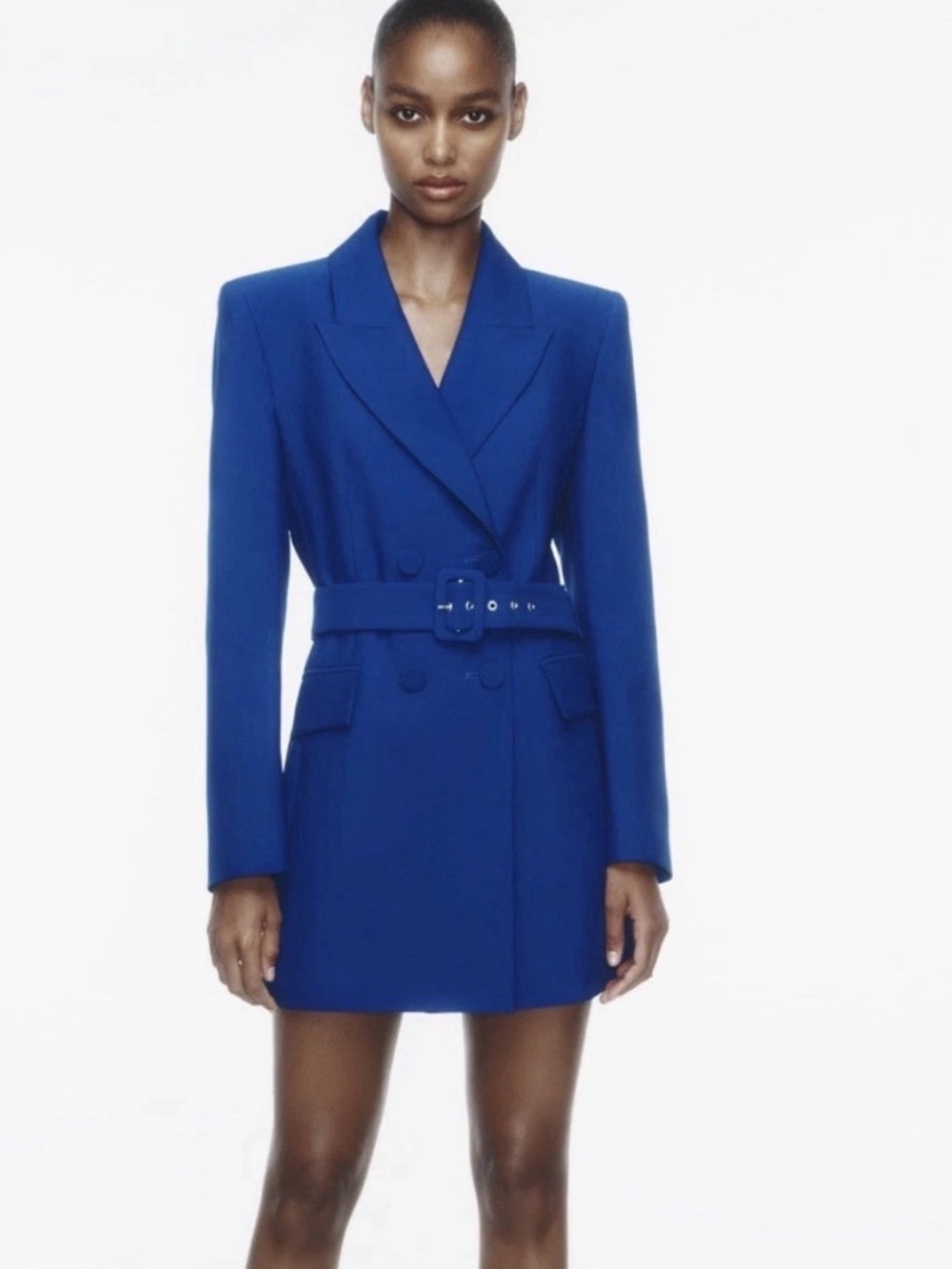 ZARA DOUBLE BREASTED LONG BLAZER WITH BELT COLOR BLUe Cobalt Large  NWOT G